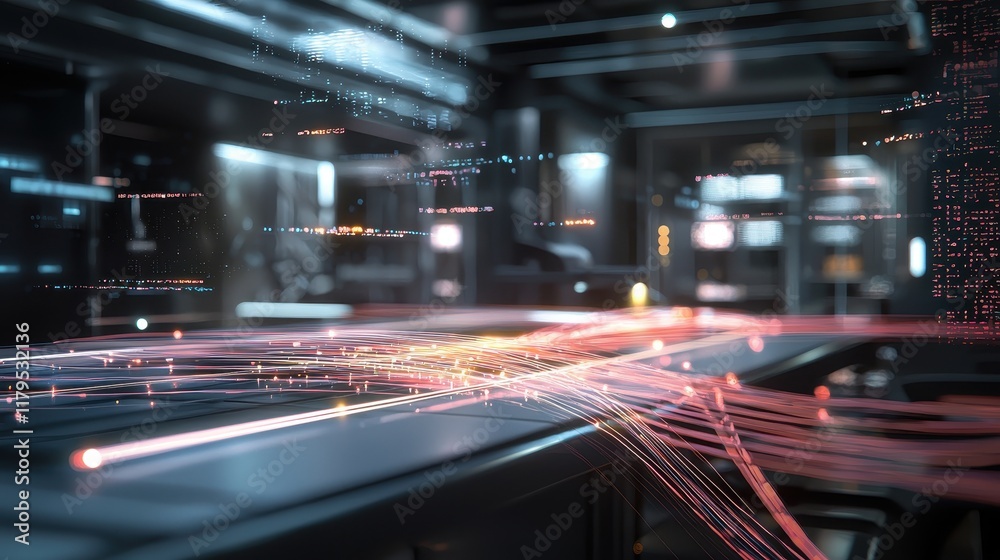 Poster futuristic data flow visualization in high-tech environment with vibrant light trails and digital te