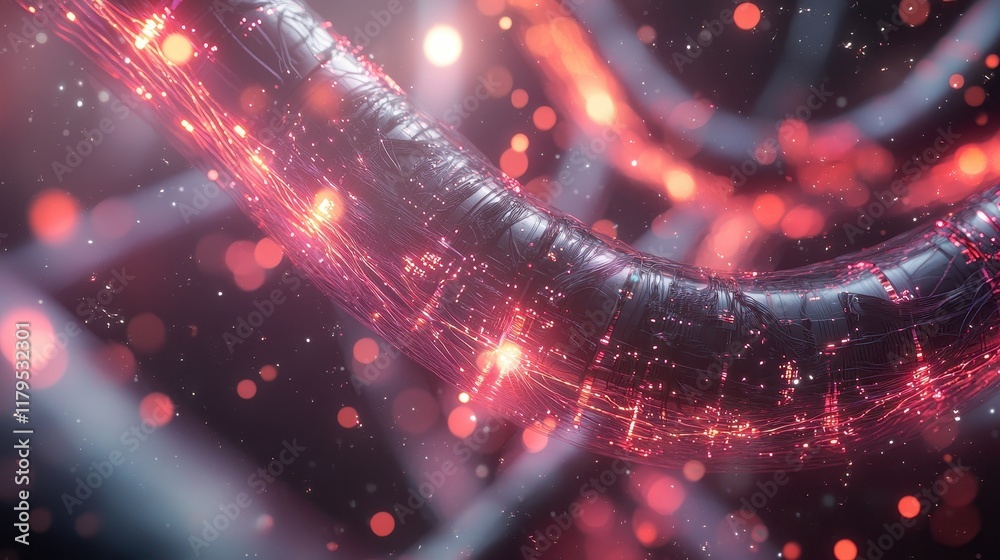 Poster abstract digital background with illuminated lines and bokeh effect in red and black hues for creati