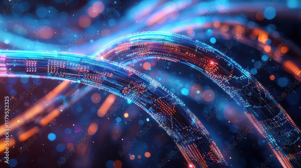 Poster futuristic abstract technology background with glowing lines and bokeh effects in a dynamic flow pat