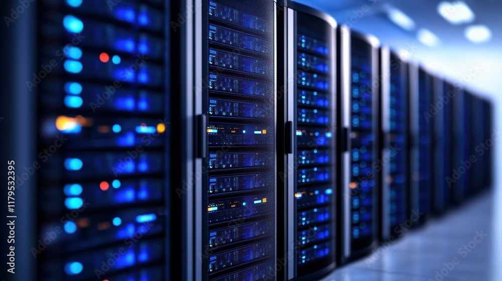 Poster modern data center featuring high-tech servers in neat rows with bright led lights creating an innov