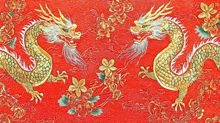 Obraz premium Vibrant Red Background with Majestic Golden Dragons Surrounded by Intricate Floral Patterns Symbolizing Power and Good Fortune in Asian Culture