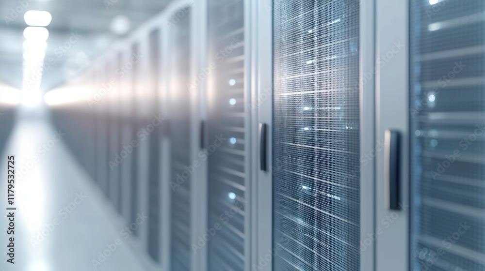 Poster a modern data center featuring rows of high performance servers illuminated by soft ambient lighting