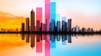 Fototapeta premium Vibrant City Skyline Reflection with Modern Graphic Elements