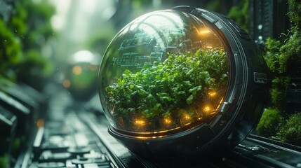 Futuristic Greenhouse Sphere with Digital Plants. Generative AI