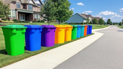 Colorful Recycling Bins on Suburban Street - Vibrant rainbow colored bins, curbside recycling, residential street, community, environmental responsibility.