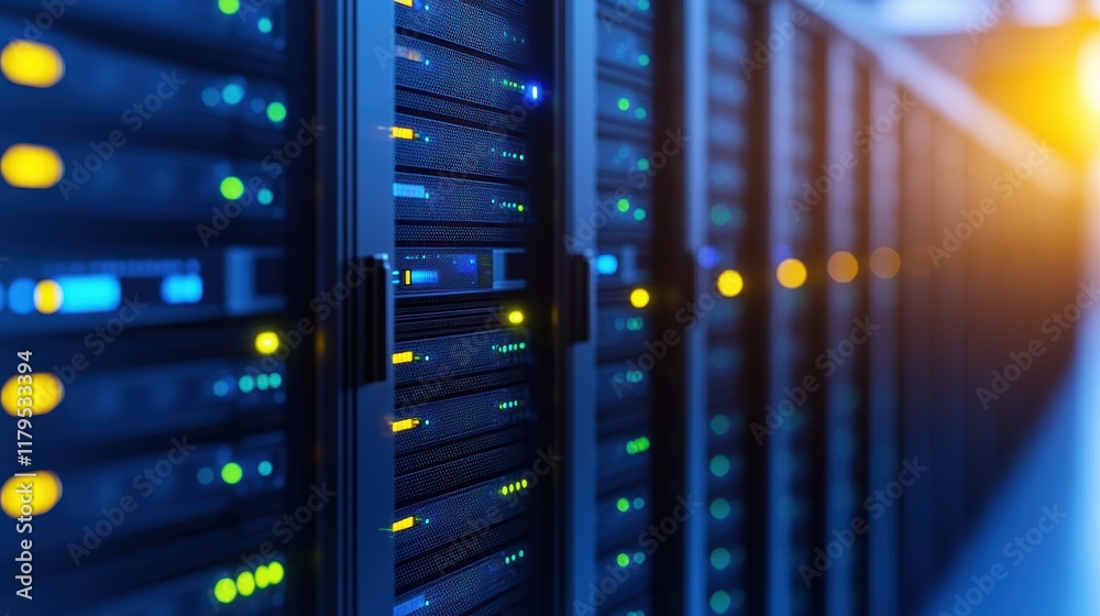 Poster modern server room featuring rows of high-tech servers illuminated by soft lighting creating a sleek