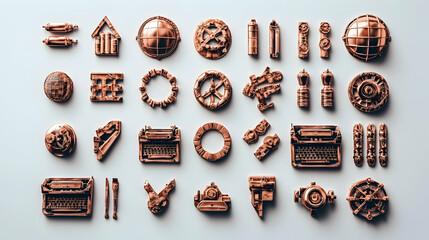 Fototapeta premium A collection of 30 small, bronze-colored, 3D shapes are arranged in a grid against a plain background. These items appear to be 3D generated assets ready for use in a digital design project.