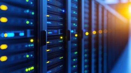 Modern Server Room Featuring Rows of High-Tech Servers Illuminated by Soft Lighting Creating a Sleek and Efficient Environment