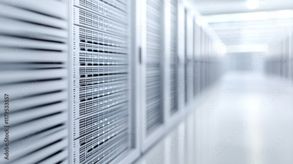 Poster expansive hallway filled with rows of gleaming servers illuminated by soft lighting creating a futur