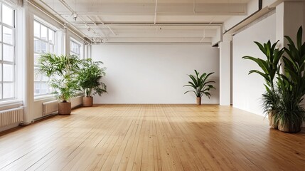 Fototapeta premium Empty white room with a wooden floor and plants .