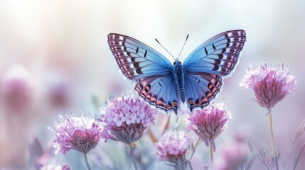Obraz premium Vibrant blue butterfly on pink flowers in dreamy pastel garden scene. The concept of spring and rebirth