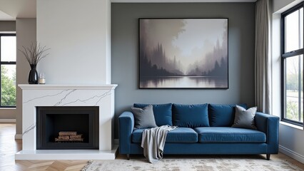 Cozy living space with warm glow from crackling fireplace, complemented by plush blue velvet couch and elegant gray & white rug