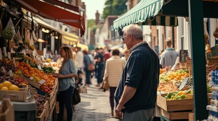 Obraz premium A vibrant market scene filled with fresh fruits and vegetables, lively shoppers, and colorful stalls inviting exploration.