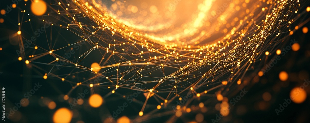 Poster Golden network glowing and expanding, showing connections and data flow