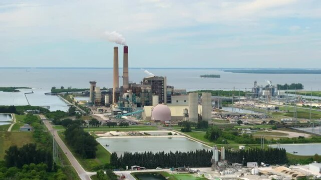 Thermal power plant burning coal fossil fuel for production of electrical energy. Big Bend Power Station in Apollo Beach near Tampa, Florida