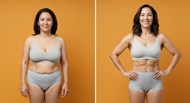 Transformation journey of a young asian female fitness before and after on orange background