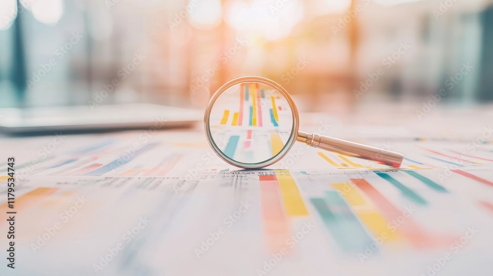 Poster close-up view of magnifying glass on colorful data charts and graphs in modern workspace environment