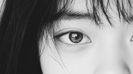Fototapeta premium Close-up monochrome portrait of a young woman's expressive eyes and face.