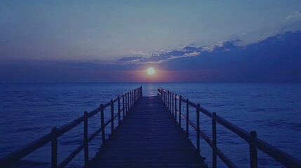 Obraz premium Serene sunset pier ocean view, calm waters, peaceful sky