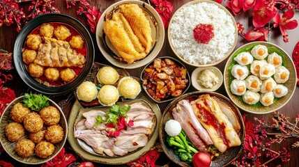 Assortment of Traditional Asian Dishes Including Rice, Meat, Seafood, and Vegetables Served in Elegant Presentation for Festive Occasion