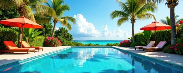 Obraz premium Colorful swimming pool with palm trees and floral decorations, handmade design, water games, summer fun