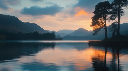 Serene Sunset Reflections on the Lake with Mountains in the Background