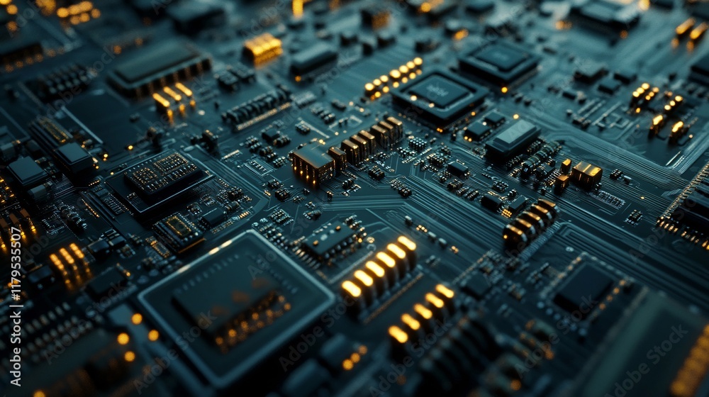 Fototapete electronic circuit board showing glowing components and data flow