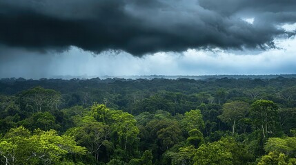 Dark Storm Clouds Over Lush Green Rainforest Canopy
