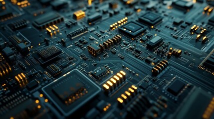 Fototapeta premium Electronic circuit board showing glowing components and data flow