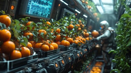 Futuristic Martian Orchard with Digital Astro-Farmer. Generative AI