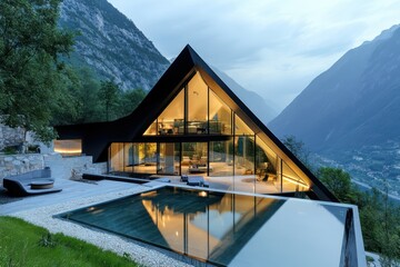 A sleek mountain retreat with a triangular design, glass fa? section ades, and a serene natural backdrop