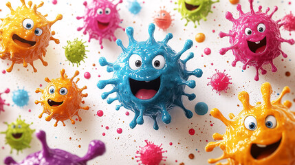 Cartoon viruses with happy faces.
