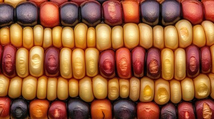 Close-Up View of Colorful Maize Kernels Displaying Unique Varieties of Corn for Agricultural and Culinary Use