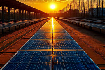 Fototapeta premium Solar Energy, Solar Energy Desert, Solar Energy Sunset, Renewable energy, sustainable- Solar Panel at Sunset, Expansive Desert Solar Farm