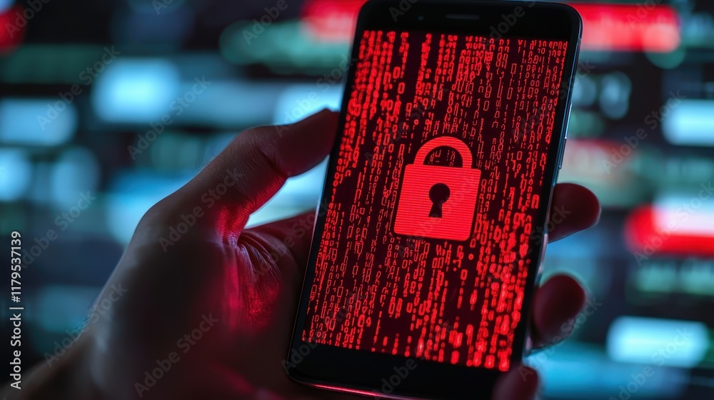 Poster smartphone displaying padlock symbol against a backdrop of binary code while a hand holds the device