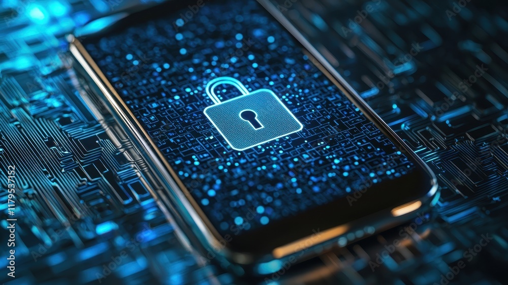 Poster digital security concept on smartphone display with lock icon against circuit pattern background