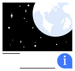 Earth partially overlaps a starry background with a blue information icon. Ideal for education, global learning, exploration, science, technology, innovation, and abstract line flat metaphor
