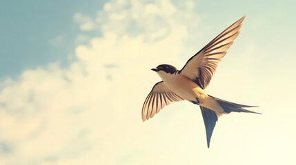 A delicate swallow in mid-flight, wings beating swiftly, against a soft blue sky with wispy white clouds and a hint of warm sunlight. Windborne. Illustration