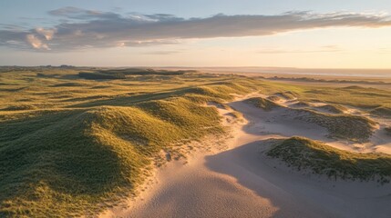 Fototapeta premium Sunset Over Blissful Dunes: A Serene Landscape of Golden Grasses and Soft Sand