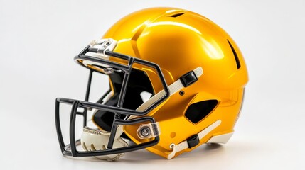 Fototapeta premium A modern football helmet with faceguard details, tilted slightly on a white background,