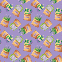 Seamless pattern, flowers pansies, narcissus, hyacinth, echinops, in paper bag, design for fabric, packaging. Vector.