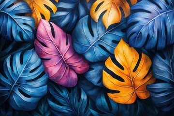 exotic tropical paradise watercolor background with lush botanical leaves and vibrant flora in artistic natural color palette