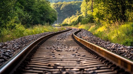 Railroad Tracks Winding Through Lush Greenery