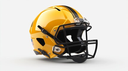 Fototapeta premium A modern football helmet with faceguard details, tilted slightly on a white background,