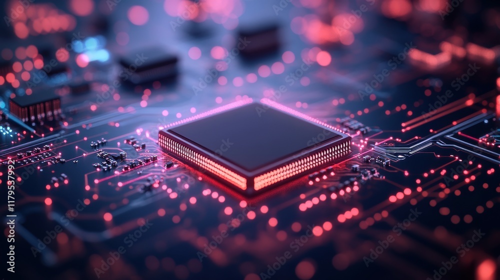 Poster close up view of a computer processor mounted on a circuit board showcasing intricate details and ad