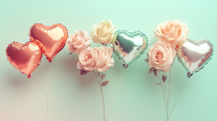 Heart-shaped balloons with roses on a pastel green background for Valentine's Day