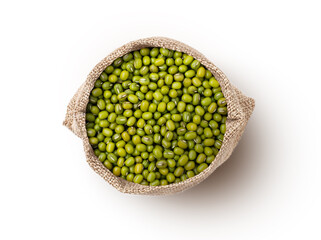 Green mung beans isolated on white background. Top view