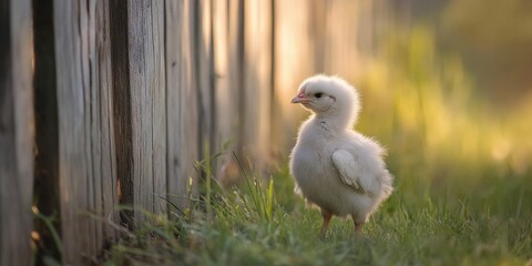 Fototapeta premium Fluffy chick on green grass next to wooden fence in sunlit pasture