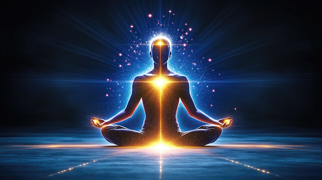 Enlightened meditation: glowing silhouette in yoga pose with luminous aura and radiant heart