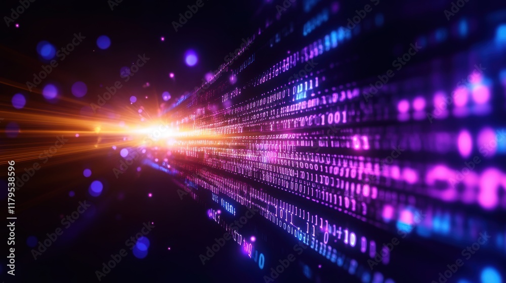 Poster futuristic abstract technology background featuring glowing light patterns and complex binary code i